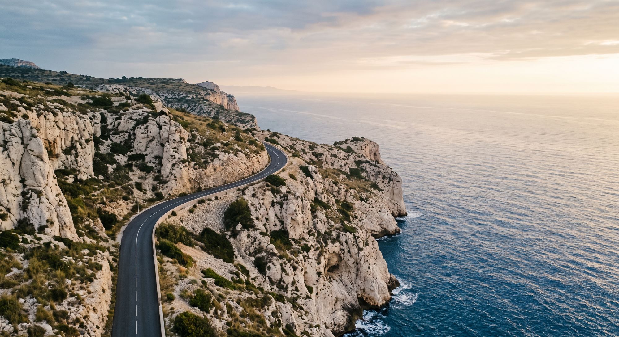 A coastal road curving along a cliff at sunrise