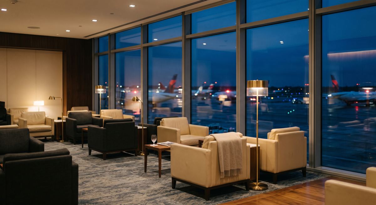 An airport lounge at dusk with armchairs facing the apron