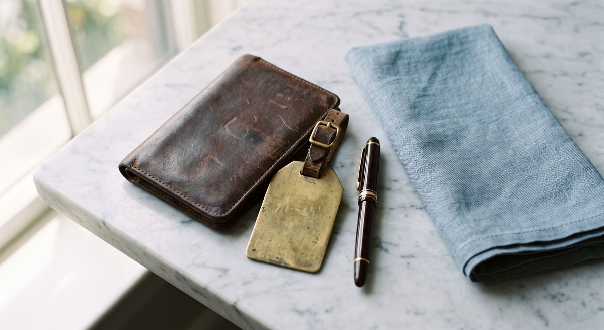 A leather passport wallet, brass luggage tag and pen on a marble surface