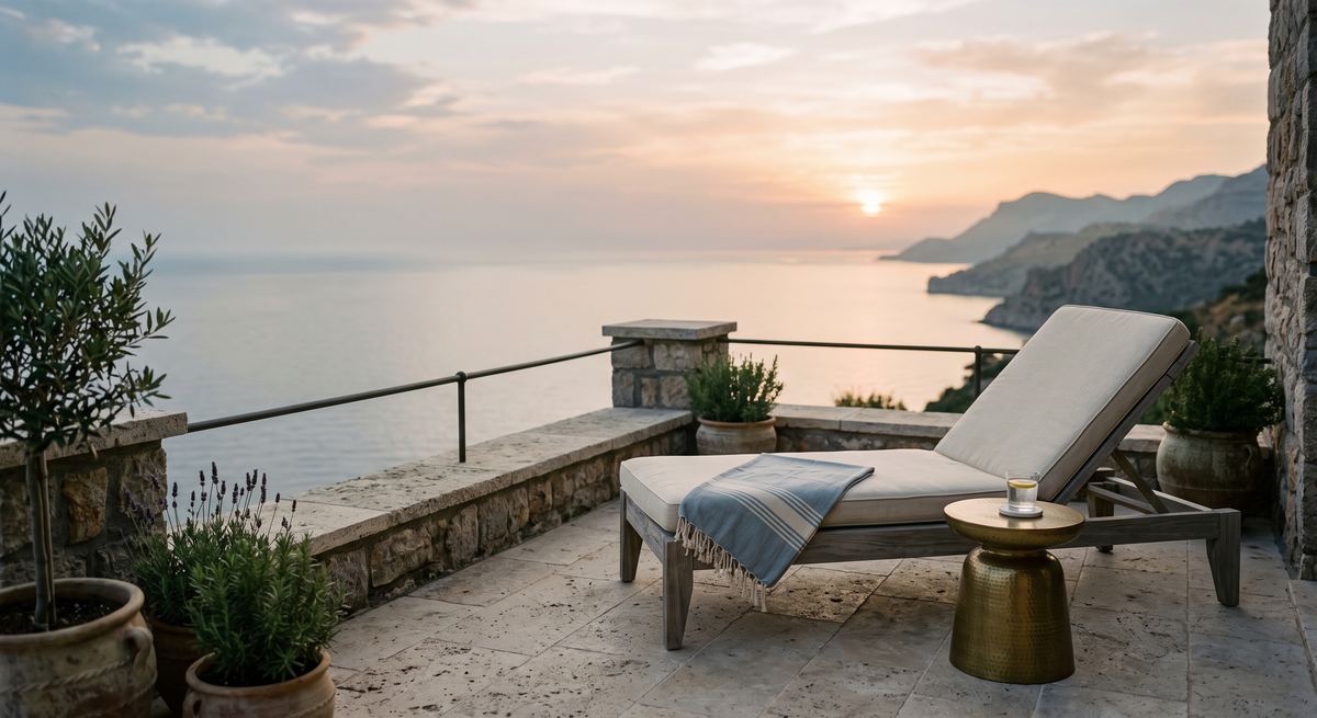 A lounger on a stone terrace overlooking the sea at sunset
